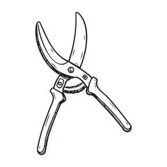 Hand drawn garden pruning shears sketch with open blades. Vector illustration