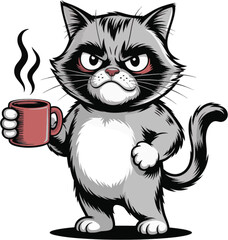 Grumpy cat holding steaming coffee mug vector