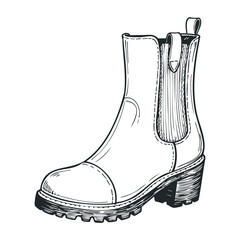 Stylish women's ankle boot with chunky heel and elastic side panel in black and white. Vector illustration
