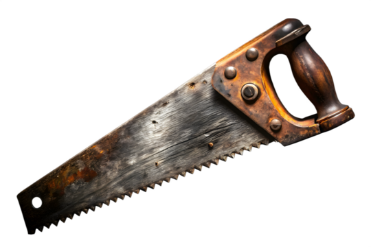 Rusty Vintage Hand Saw on transparent background