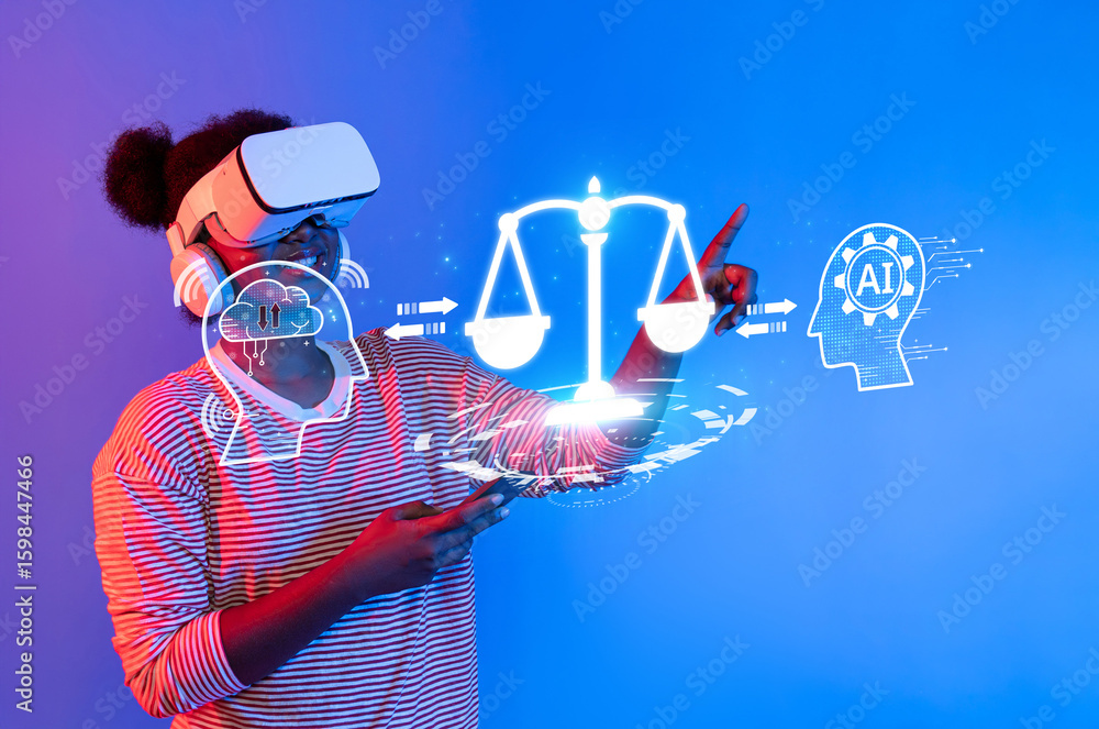 Poster a person engages with virtual reality technology, exploring the connections between artificial intel