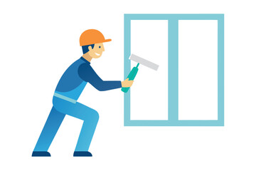 Worker cleaning window with squeegee