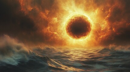 Cybernetic eclipse, feedback loops radiate from broken lens arrays, corrupted shadows stretch into null space