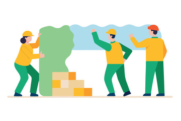 Construction workers collaborate on a building project with materials