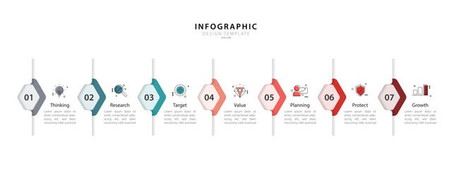 Business infographic template. 7 Step timeline journey. Process diagram, 7 options on white background, Infograph elements, technology, education, modern vector illustration.