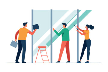 Obraz premium Team collaborating on a modern glass wall installation