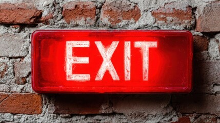 A glowing red exit sign is prominently displayed on a textured brick wall. The sign is visibly lit, signaling a clear escape route in a dim environment.