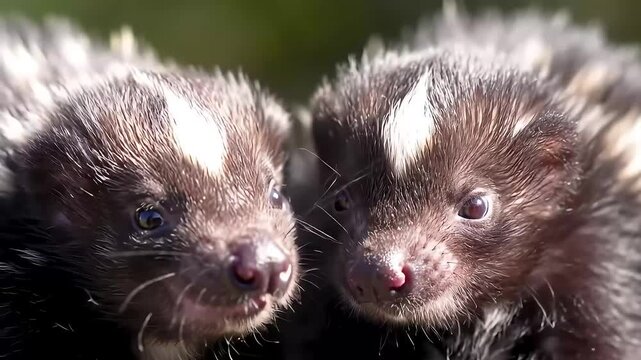 Two baby skunks outdoors, close-up, blurred background, wildlife