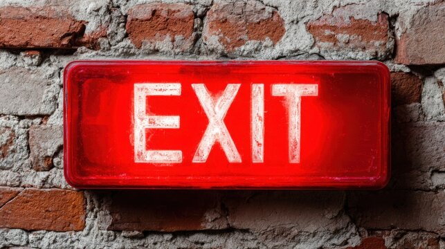 A glowing red exit sign is prominently displayed on a textured brick wall. The sign is visibly lit, signaling a clear escape route in a dim environment.