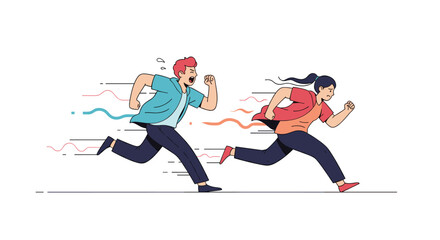 Obraz premium Two diverse people are running at full speed with motion lines indicating rapid movement
