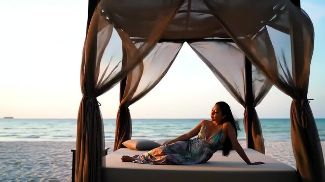 Woman relaxing on beach daybed at sunset