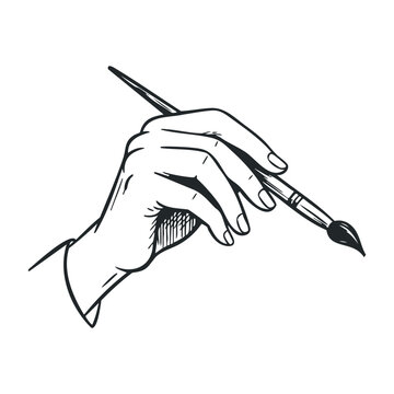 hand holding paintbrush, black and white clip art preview