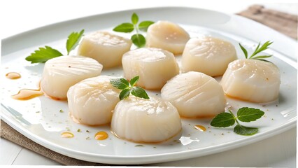 Cooked Scallops with Garnish on White Plate seafood