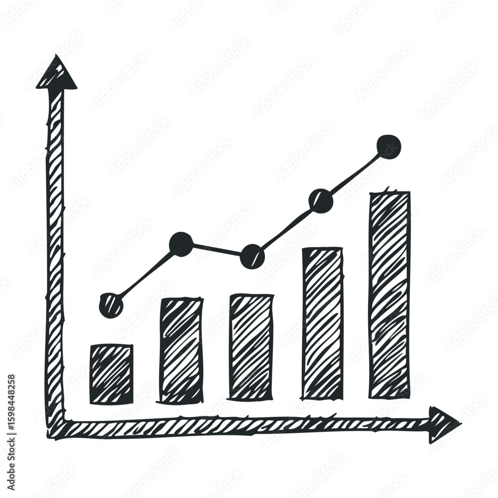 Poster hand-drawn graph with bar chart and line graph on white background. vector illustration