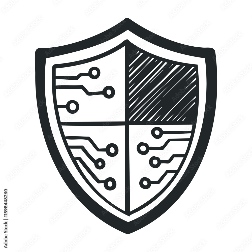 Aufkleber cybersecurity shield with digital circuit design for secure technology protection. vector illustrati