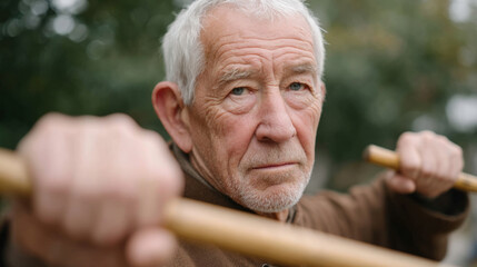 Elderly man demonstrating cane defense techniques outdoors for self defense practice