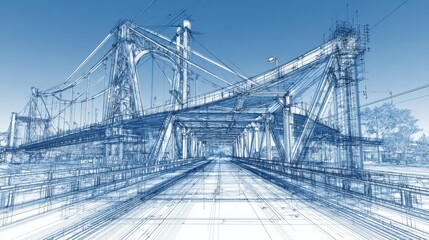 Fototapeta premium Drawing presents a complex blueprint of a bridge set against a clear blue sky, illustrating intricate engineering details and structural elements.