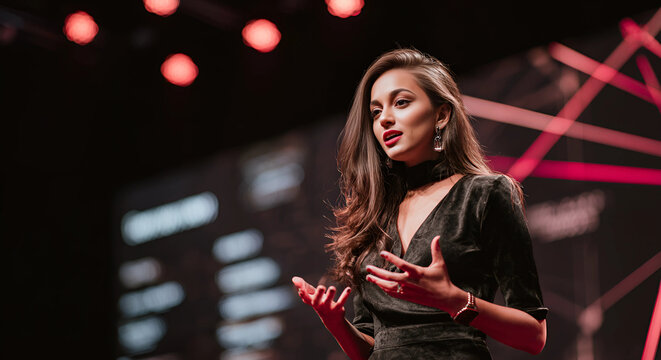 Visionary tech leader presents a futuristic pitch on a grand auditorium stage with glowing data visualization.