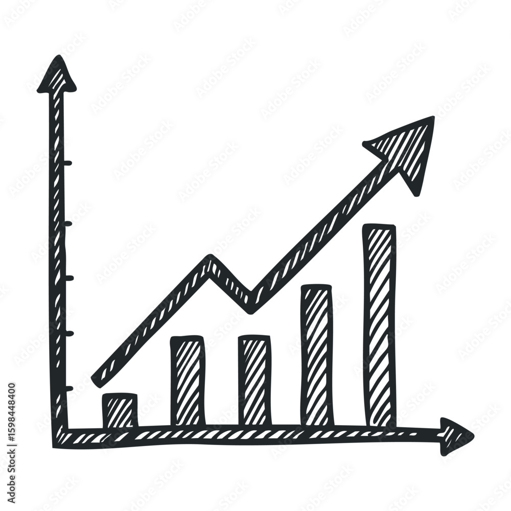 Poster hand-drawn bar and line graph with upward arrow illustrating growth and progress. vector illustratio