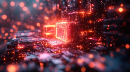 Cybernetic ruins with collapsing neon grids, glitch fractals flicker in red blue offset, broken holographic panels hover midair