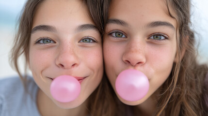 Playful synchronized gum blowing burst with smiling teenagers outdoors
