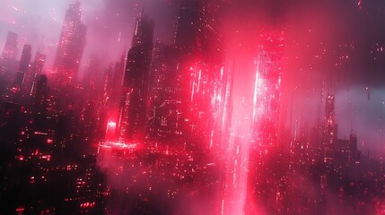 Fototapeta premium Cybernetic ruins with collapsing neon grids, glitch fractals flicker in red blue offset, broken holographic panels hover midair
