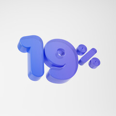 Transparent purple nineteen percent or 19 % isolated over white background. 3D rendering.