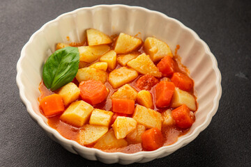 Stewed potatoes with carrots vegetarian side dish fresh delicious gourmet food background on the table rustic food top view copy space keto and paleo diet vegan food