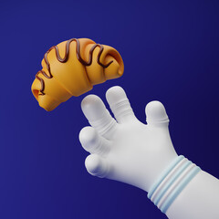 Astronaut cartoon hand reaching for croissant with chocolate isolated over blue background. 3d rendering.