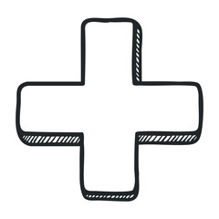 Fototapeta premium Hand-drawn black and white plus sign with crosshatch design. Vector illustration