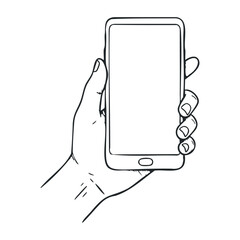 Hand holding smartphone sketch line drawing of mobile device technology. Vector illustration