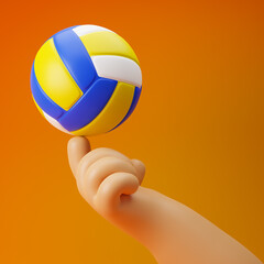 Cartoon hand holding volleyball with one finger isolated over yellow background. 3D rendering.