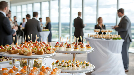 Corporate event with catered food, showcasing networking and refreshments. People mingle and enjoy the occasion in a bright and airy setting.