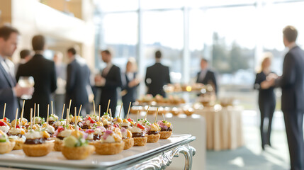 Business Reception: Canapés & Conversation. Refreshments served at a professional gathering with attendees networking in a bright, airy space.