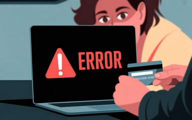 Person holding credit card with error message on laptop screen