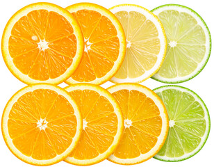 Fototapeta premium Sliced Citrus Fruits Set with Oranges and Lemons, isolated on a transparent background.