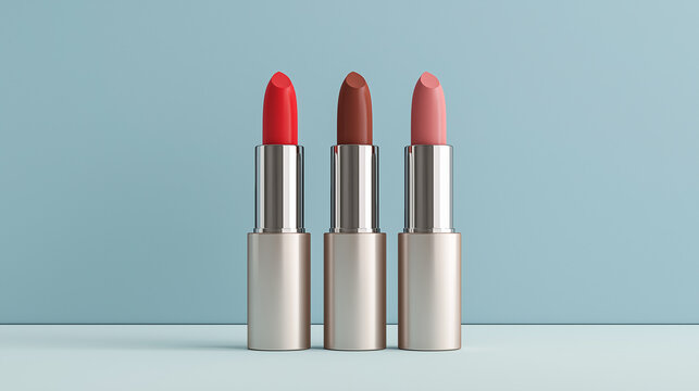 Three lipsticks in red pink and brown shades on light blue background beauty product mockup.