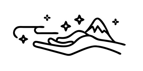 Hand holding mountain illustration with clouds and stars on white showcases peaceful scene. Hand holding mountain drawing features clean lines and minimalist approach, creating artistic graphic.