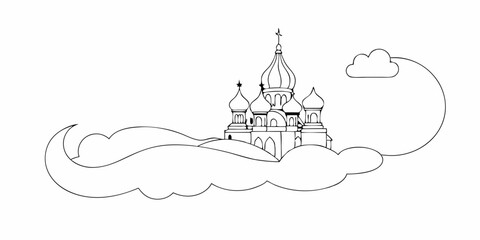 Saint Basil's Cathedral illustration in delicate outline style on white background, featuring the iconic Saint Basil's Cathedral with its distinctive onion domes resting gently on a cloud.