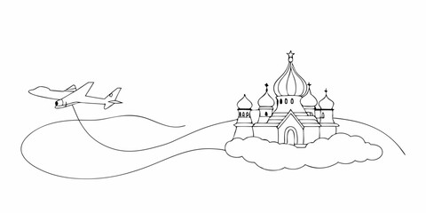 Airplane travel route with st basil's cathedral illustration in black and white on white background, offering airplane travel route concept.