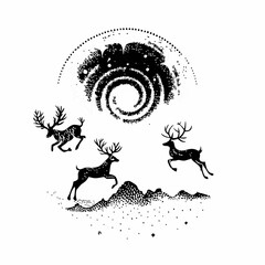 Tattoo design depicting reindeer running across mountains beneath a stylized night sky, rendered in black and white stippling. Reindeer represented through stylized stippling technique