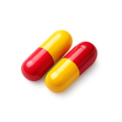 Two glossy red and yellow medical capsules lying side by side, isolated on transparent background. 3D rendering of pharmaceutical pills for healthcare or medication use.