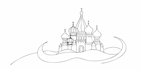 Line drawing of Moscow cathedral against white background. Minimalist Moscow cathedral art features domes, spires, and cross, rendered in black outlines on white.