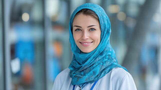 A healthcare professional smiles warmly while dressed in a white coat and blue scarf. The background showcases a busy hospital environment during daylight hours.