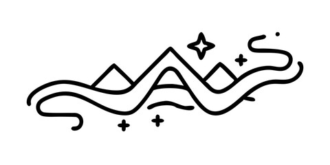 Landscape icon with mountains and river in single line, isolated on white, featuring simplicity, minimalism, and elegance. Landscape icon showcases wavy river flowing between peaks