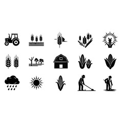 Agriculture farming harvest crops wheat corn tractor barn farmer sun rain rural landscape icon vector set
