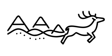 Simple mountain line art with jumping deer illustration showing geometric peaks and jumping deer. Minimalist mountain line drawing represents nature’s tranquility, wildlife, and freedom.
