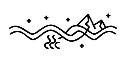 Minimalist mountain range design with flowing water and stars above on clear backdrop. Minimalist mountain range design features two stylized peaks connected by flowing line work reminiscent of water