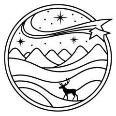 Silhouette reindeer illustration with shooting star across mountain peaks in a simple design. Silhouette reindeer illustration, a celestial scene