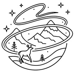 Deer illustration features nature elements and mountainous scenery in artistic design. Deer illustration with stars, northern lights, mountain and tree motifs creates a stylized composition.